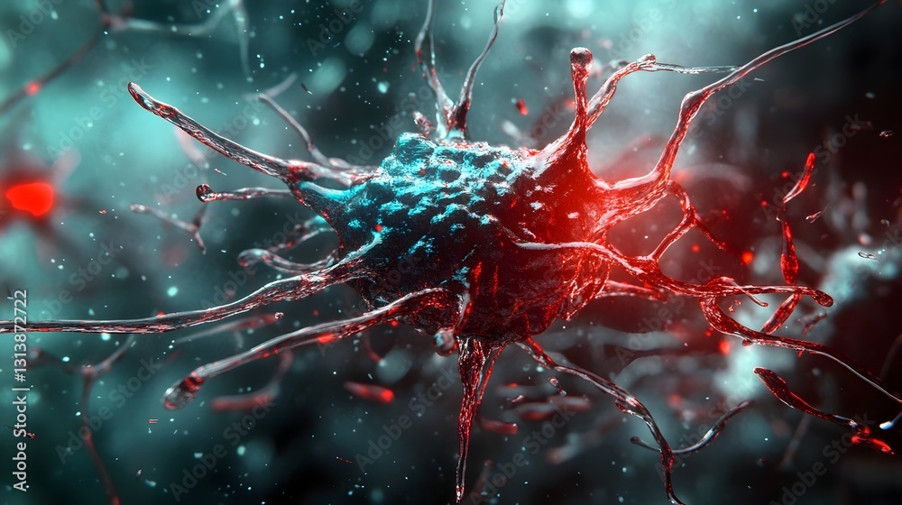 Poster Striking abstract image of a vibrant dynamic microscopic cellular or microorganism structure exploding in a vivid red and blue color palette