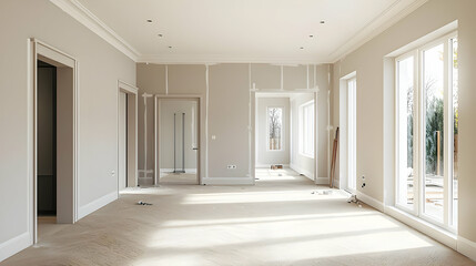Obraz premium Spacious Unfinished Home Interior With Beige Walls and Natural Light During Renovation Project
