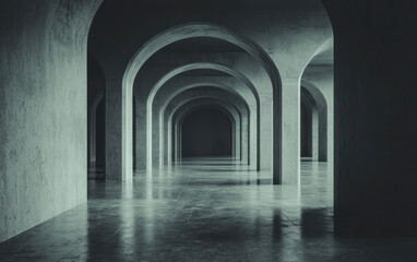 Obraz premium Long Dark Hallway with Numerous Arches and Reflective Floor