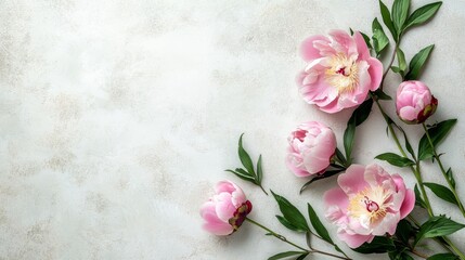 Obraz premium Elegant Pink Peonies on Textured White Background - A Floral Still Life for Decorative Design and Romantic Springtime Greetings