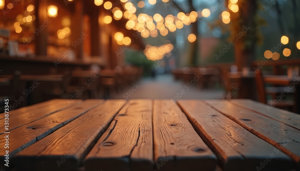 Poster Wooden tabletop surface with blurred bokeh lights background. Warm glow ambiance in eatery with cozy atmosphere. Product display surface in cafes, bars, pubs. Brown rustic vintage texture sharpened