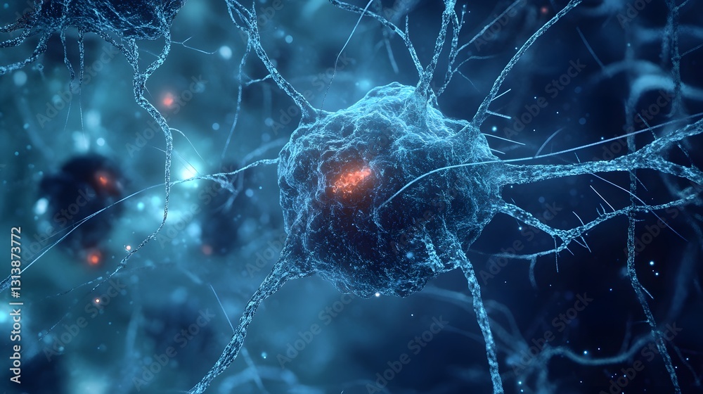 Poster Striking blue hued depicting an intricate vibrant neuronal network with glowing synapses and electrical impulses conveying the complexity and dynamism of the human brain and neural activity