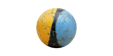 Oval shaped textured ball with yellow and blue halves isolated on transparent background