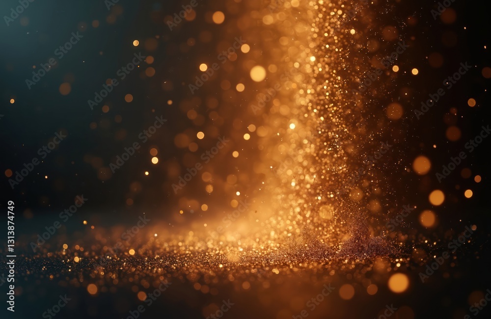 Leinwandbilder organic bronze bokeh with dust particles float on black. golden glittering light beam sparkles, flic