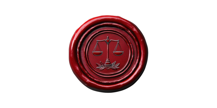 Red wax seal with justice scales symbol isolated on transparent background