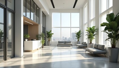 Fototapeta premium Modern office interior design with reception desk, potted plants. Business center in minimalistic style, clean interior with concrete floor, panoramic windows with city view. Workspace interior for