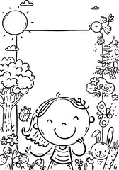 Happy kids frame. Nature border with copy space. Line art illustration