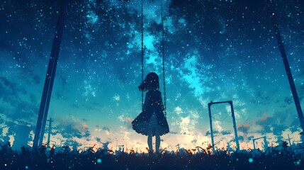 Melancholic Anime Girl Sitting Alone on a Swing in the Dark Night