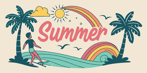 Naklejka premium Vintage Summer Beach Surfing Illustration – Tropical Sunset, Waves & Palm Trees