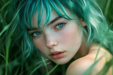 Fototapeta premium Portrait of a young woman with vibrant teal hair, gazing thoughtfully among lush green grass