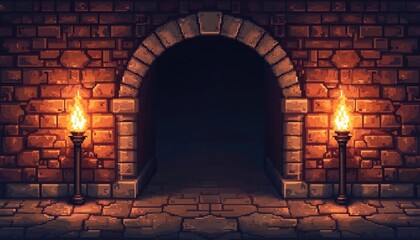 Pixel art brick wall, stone archway, torch fires illuminating pathway. Digital artwork evokes retro fantasy dungeon. Game design asset for mediaeval castle video game backdrop, wallpaper background.
