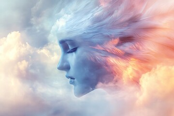 Serene woman's face merging with ethereal clouds and wind, pastel colors.