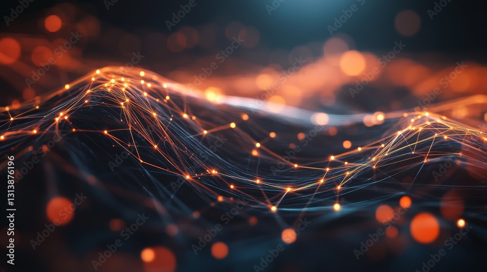 Poster this captivating abstract image features glowing particles and flowing digital waves against a dark 