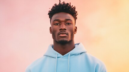 Obraz premium Man short black curls warm brown skin pastel blue hoodie modern