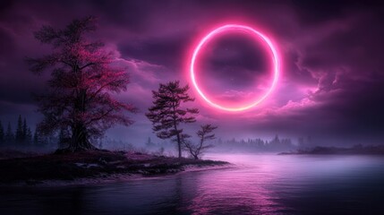 Fototapeta premium Pink Neon Circle Above Serene Lake and Trees