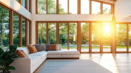 Modern Living Room with Large Windows and Natural Light at Sunset