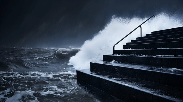 Stormy Ocean Waves Crashing Against Concrete Staircase During Bad Weather