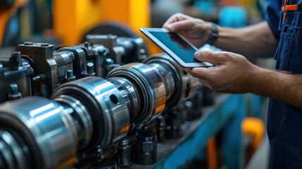 Close-up of a backhoe mechanic holding a tablet, inspecting hydraulic piston equipment in a construction yard with machinery in the blurred background