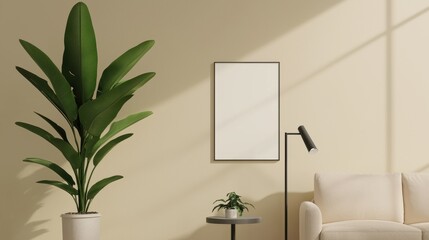 Minimalist Living Room with Green Plant and Empty Wall Frame