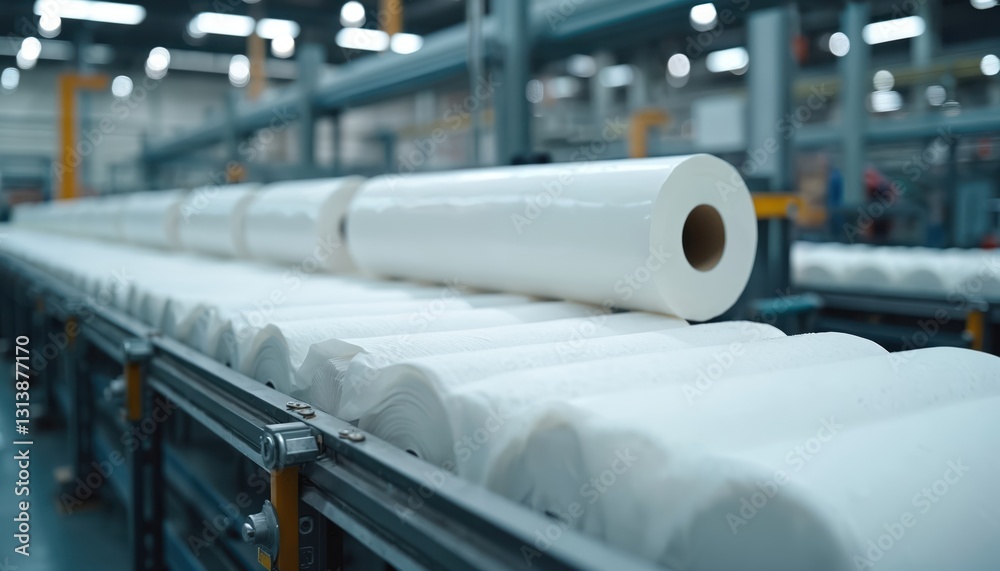 Poster automated industrial production line creating paper towel rolls inside factory. modern manufacturing