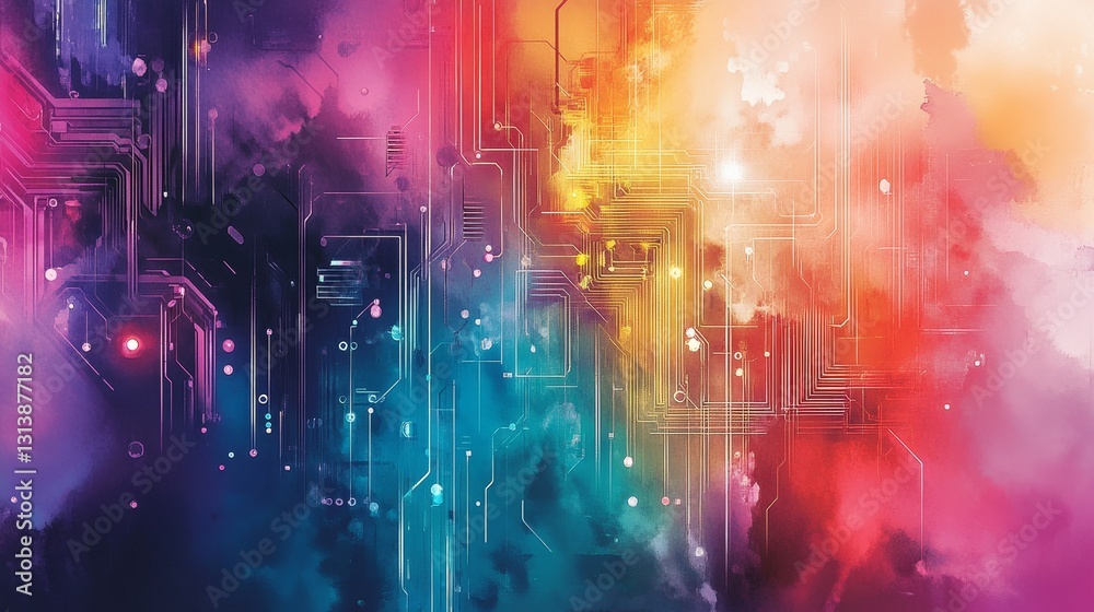 Poster explore a vibrant and dynamic abstract representation featuring colorful ai circuits rendered in a c