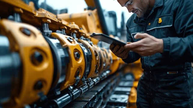 Close-up of a backhoe mechanic holding a tablet, inspecting hydraulic piston equipment in a construction yard with machinery in the blurred background