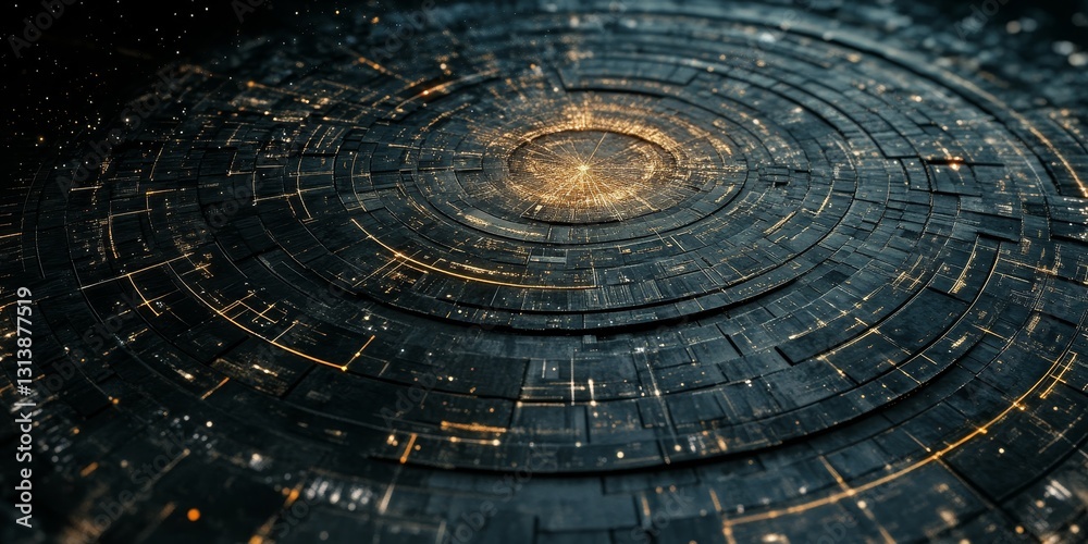 Poster explore a captivating abstract visualization featuring intricate circular patterns illuminated by so