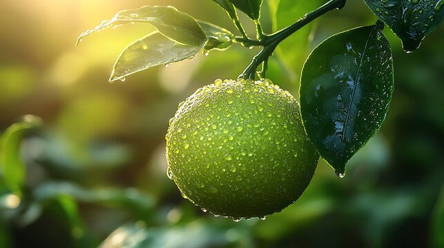 A magical lime with an ethereal green glow ripening on a branch surrounded by lush leaves
