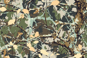 Real tree forest hunting camouflage seamless pattern design with barks and leaves. Camouflage repeat pattern