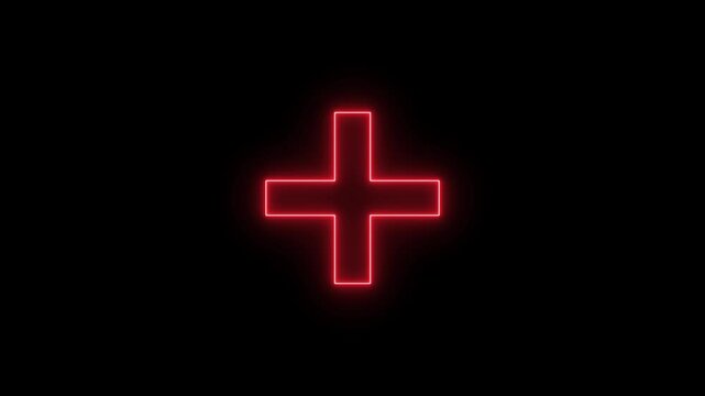 Neon plus sign, symbol on black background .Neon plus sign icon animated.