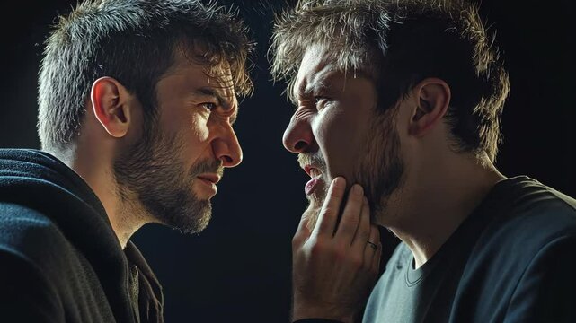 A brawl between two men.  A man slammed his fist into another man's face.  The idea of conflict and violence