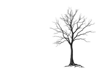 Obraz premium A lone tree stands stark against a pure white backdrop, branches reaching skyward, eco, flora
