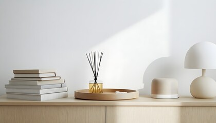 Minimalist Home Decor Featuring Books Lamp And Diffuser