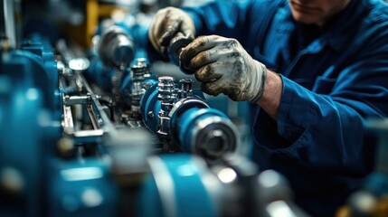 Detailed scene showing the mechanic tightening bolts on a hydraulic pump system