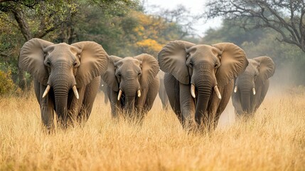 Fototapeta premium Herd of elephants walking through tall grass, dust rising as they move toward a watering hole