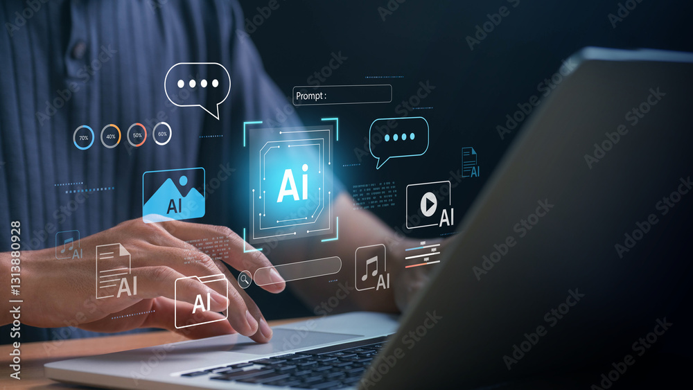 Fototapete AI Automation and Processing Technology for Efficient Workflow Management and Innovation. professional using a laptop with an virtual assistant, chatbot, data analytics, and smart content generation