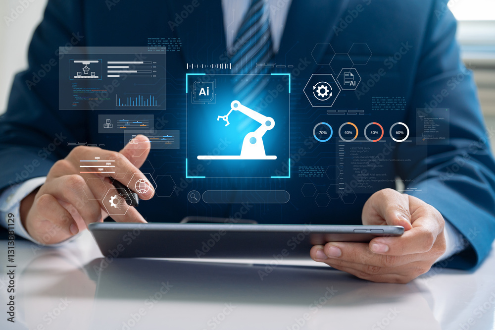 Fototapete AI automation and robotic process technology. businessman uses a tablet to interact with an AI industrial automation system, artificial intelligence, machine learning, and smart manufacturing.