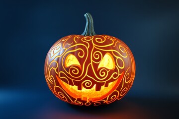 Obraz premium This image features a beautifully carved Halloween pumpkin, showcasing intricate swirl designs. Its glowing interior creates a warm and festive atmosphere.