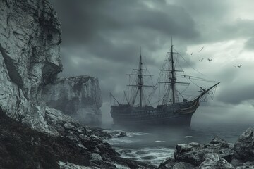 Obraz premium Dark ship anchored near rocky coast under cloudy sky at dusk with birds flying above