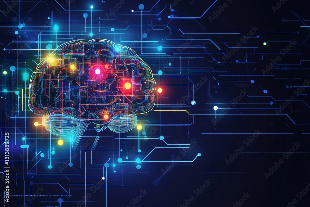 Poster a brain is shown in a computer monitor with many wires and lights. concept of complexity and intelli