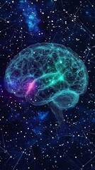 A brain is shown in a galaxy with stars and a blue background. The brain is surrounded by a lot of stars and the galaxy is very colorful