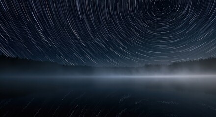 Star Trails Over Misty Lake Waters Captivating Night Sky Scenery