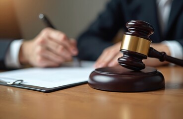 Close-up of gavel on table. Lawyer writes document. Symbolize legal system, judgement. Represents law, authority, justice, court. Focus on jurisprudence, legal advice, advocate for courtroom success.