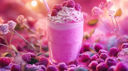 A delicious pink berry smoothie garnished with whipped cream and raspberries