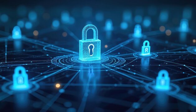 Cybersecurity concept featuring digital locks protecting network against cyber threats. Data encryption, authentication protocols, vulnerability detection, intrusion prevention, hacking protection.