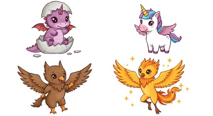 Fototapeta premium Cartoon Mythical Creature Set Dragon Unicorn Griffin and Phoenix Illustration