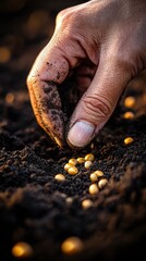 Close-up of hands sowing maize seeds into dark fertile soil, intricate textures, warm golden sunlight, cinematic depth, highly detailed, macro photography style