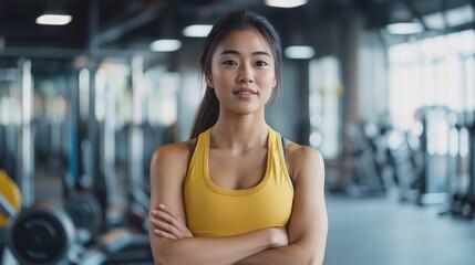 Fototapeta premium Confident Asian Female Trainer Giving Motivational Instructions in a Bright Minimalist Gym, Wearing Athletic Wear