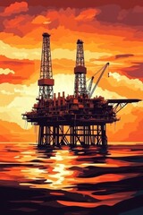 Obraz premium Offshore oil rig at sunset, ocean platform, energy industry, fiery sky, industrial illustration