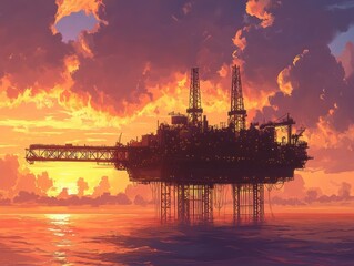Obraz premium Offshore oil rig at sunset, ocean, energy production, illustration, industrial